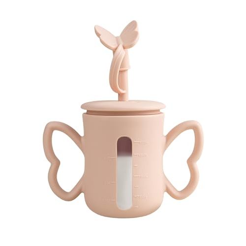 Dommy Silicone Baby Sippy Cup with Spill Proof Straw&Lid | Baby Sippy Cup for 6-12Months | Transition Bottles for 1Year Old Toddler for Milk/Juice/Puree |Peach Dust, 5oz