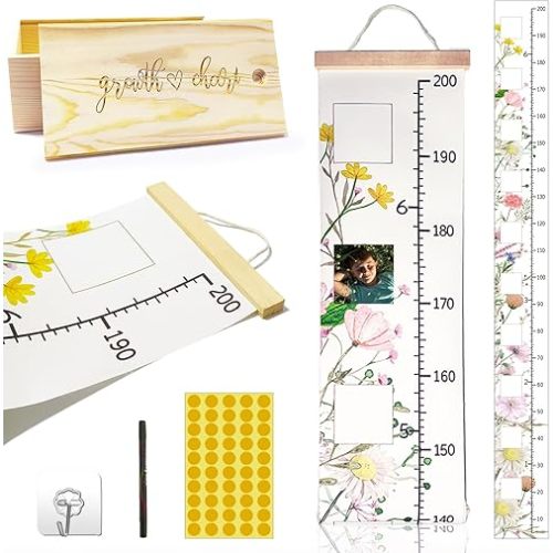 Wildflowers Baby Growth Height Chart with Keepsake Box Hook Pen Set 79 Inches Removable Ruler Measuring Chart Waterproof Canvas Measure Removable Wall Decor for Baby Kids Toddlers (1, Wild Flower)