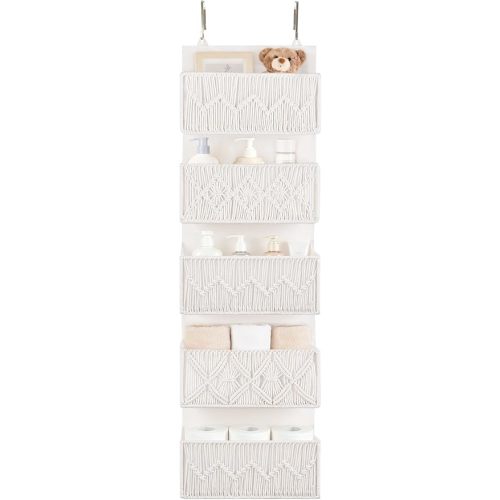 Over The Door Organizer Macrame Boho Nursery Storage Decor with 5 Large Woven Pockets Closet Behind Hanging Organizer for Bedroom Nursery Bathroom Apartments Dorm Pantry Decoration,White