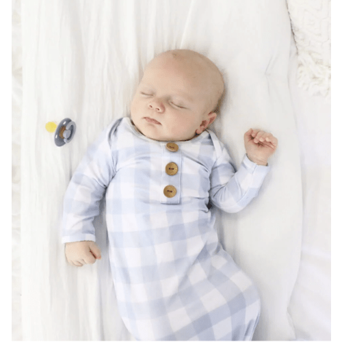 Dusty Blue Gingham Newborn Baby Knot Gown & Hat Set