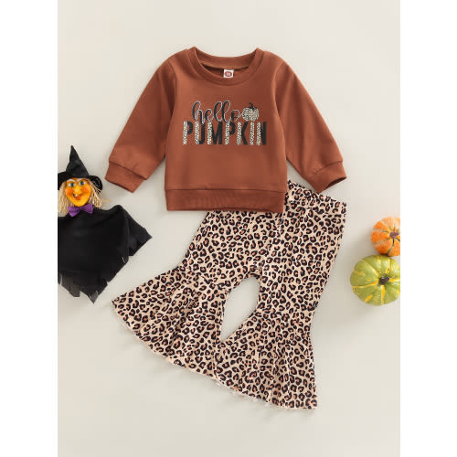 12-18 Girls' Casual Outfit - Brown Long Sleeve Sweatshirt with "Hello Pumpkin" Print & Leopard Print Flare Pants, Perfect for Spring/Fall, Clothing Set, Fall Outfit | Playful Fashion | Stretchy Fabric, for Outdoor, For Teenager