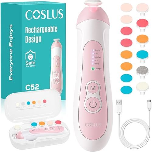 COSLUS C52 Rechargeable Baby Nail File: Cordless Baby Nail Trimmer Electric with 5 Speeds & 6 Grinding Heads for Baby Kid, CPC Certified and Quiet Design - Safe for Sleep Trim Buffer, Pink