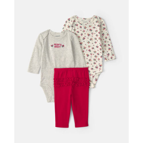 Baby Girl 3-Piece Floral Long-Sleeve Bodysuit & Pant Set - Red/Grey | Carter's