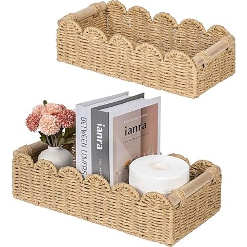 CubesLand Decorative Toilet Paper Storage Basket, Modern Farmhouse Home Decor Basket for Organizing, Scalloped Pantry Baskets for Shelves, Countertop, Living Room, w/Wood Handles, Beige 2 Sizes