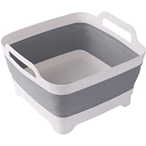 Leemeimei 9L (2.4Gallon) Dish Basin Collapsible with Drain Plug Carry Handles,Kitchen Storage Tray Dish Wash Basin, Portable Dish Tub, Foldable Dishpan for Camping Portable Dish Washing(Gray)