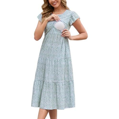 GINKANA Women's Nursing Dress Flutter Short Sleeve Crew Neck Tiered Maternity Dresses Casual Summer Midi Breastfeeding Dress