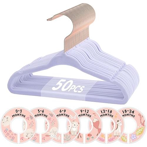 VIS'V Baby Hangers, 11 Inch Velvet Kids Hangers with 6 Pcs Clothes Size Dividers, Infant Toddler Nursery Closet Organization, Non Slip, Lavender, 50 Pcs