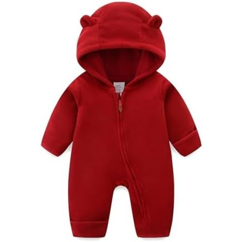 JingleBaBa Newborn Baby Bear Onesie Winter Snowsuit With Fold-over Mittens & Footies Zip Up Baby Fleece Jumpsuit 0-18M