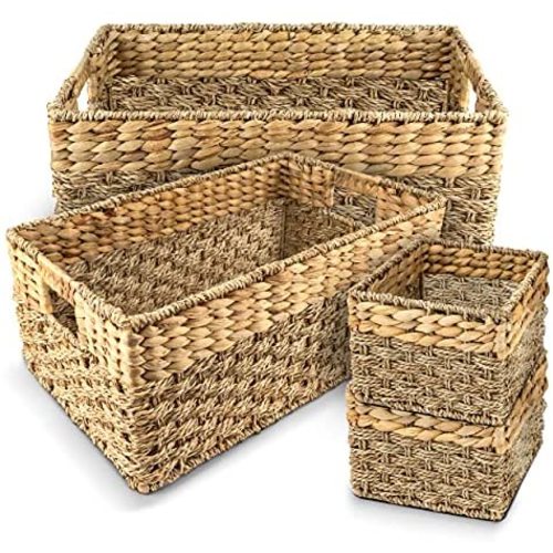 Rustic Home Resources Storage Basket Wicker Baskets for Organizing. Set of 4 Woven Basket - 1x Large Basket, 1x Medium Decorative Basket and 2x Small Basket. Rustic, Hyacinth and Seagrass Baskets, Rectangular Baskets with Handles, Closet Organizers and St