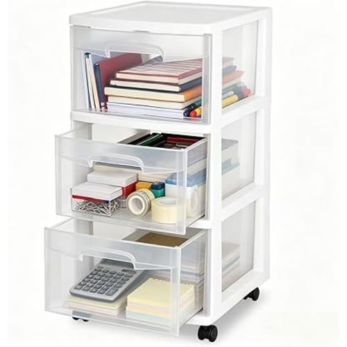 3 Drawer Rolling Plastic Storage Cart with Large Durable Clear Drawers and Removable Wheels, Suitable for Bedroom, Portable Home Organization, Crafts and Office (WHITE)