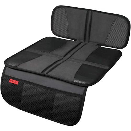 Car Seat Protector - Seat Protection Mat - Thick Padding - Durable, Waterproof Fabric, Leather Reinforced Corners & 3 Pockets for Handy Storage Black
