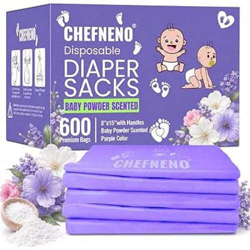 Baby Disposable Diaper Sacks (600 ct.) Fresh Baby Powder Scented, Easy-Tie Diaper Sacks Disposal Bulk Diaper Sacks Dog Poop Bags Cat Litter Waste Bags Sanitary Pads Disposal Bags (600 Bags, Purple)