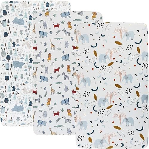 Onacosht Stretchy Bassinet Sheets 33" x 19" Compatible with Mika Micky, KoolaBaby (3 in 1), BabyBond, HARPPA and RICUTON Bedside Bassinet, 3 Pack, Elephant Giraffe Zebra Printing
