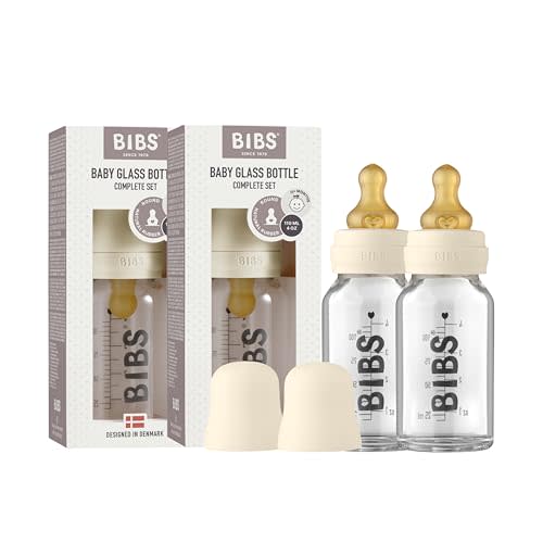 BIBS Glass Bottle, 3.7 oz/110 ml, 2-Pack, Natural Rubber Nipple, Ivory | Borosilicate Glass | Anti-Colic | BPA-Free | Dishwasher Safe | Supports Natural Feeding