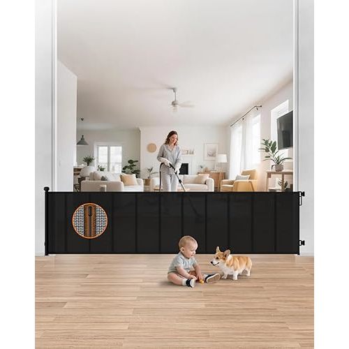 120" Extra Wide Retractable Baby Gate, 34" Tall Reinforced Mesh Pet Gate Indoor with 10 Rods to Prevent Sagging, Extra Long Dog Gate for Large Openings, Doorways & Open Spaces, Black