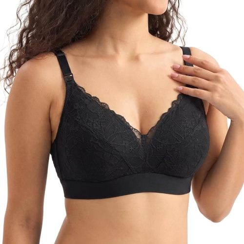 Momcozy Lace Nursing Bra for Breastfeeding, Wirefree Maternity Bra with Fixed Padding, Soft Deep V Bra