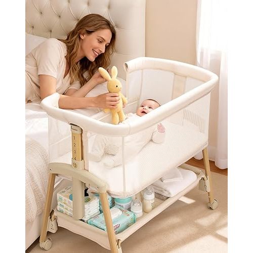 3 in 1 Baby Bassinet with Wheels, Bedside Bassinet Sleeper for Newborn, Portable Baby Crib with 7 Adjustable Height & Large Storage Basket & Full-Mesh, Easy Folding Baby Bed for Infant (Beige)