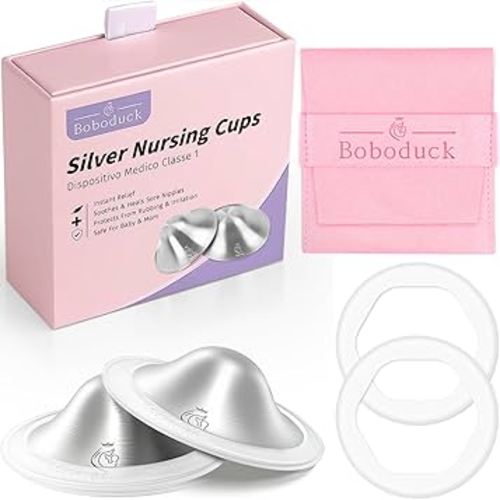 Boboduck The Original Silver Nursing Cups - 925 Silver Nipple Covers Breastfeeding - Protect and Soothe Sore Nipples - Silver Nipple Shield Guards with Soft Silicone Ring (Regular)