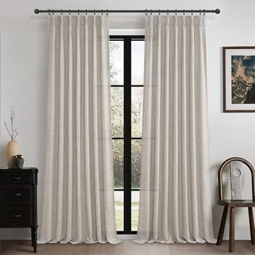 Taupe Pinch Pleated Thick Linen Curtains 90 Inches Long for Living Room, Spring Summer Sheer Greyish Brown Light Filtering Viral Drapes Privacy Window Burg 40 x 90 Inch Length 2 Panels Set Back Tab