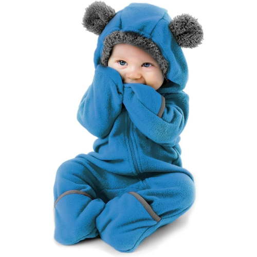 Cuddle Club One Piece Romper Hooded Fleece Onesie Jumper for Baby, Bear Blue 3-6 Mos