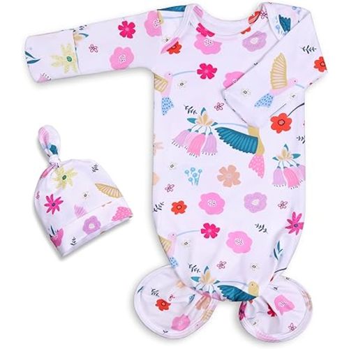 Newborn Baby Girl Gown 0-6 Months, Super Soft Newborn Sleepers Gown, Long Sleeve Infant Nightgown for Girls, Baby Girl Outfit Essential with Folding Gloves Hat Set Flower Bird
