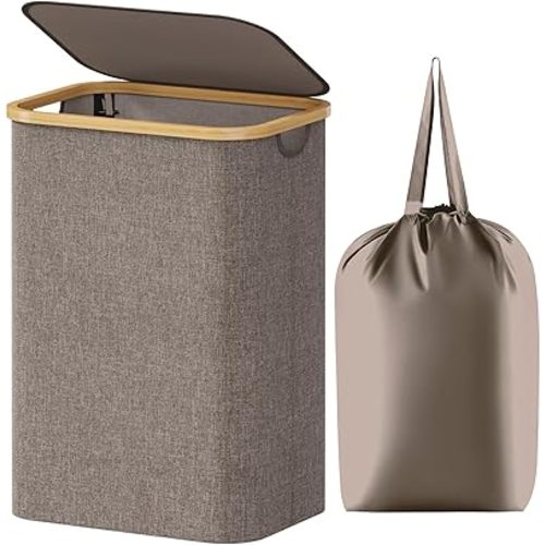 Lifewit 80L Laundry Basket with Lid, Clothes Hampers for Laundry with Bamboo Handles and 1 Removable Bag, Large Foldable Laundry Hamper for Bedroom, Bathroom, Dorm, Laundry Room, Brown
