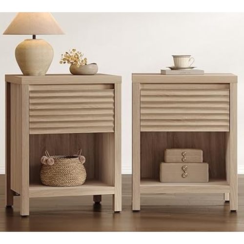 SICOTAS Fluted Nightstands Set of 2-19.6" Wide Wooden Night Stand with Drawer and Storage Shelf, Modern Bedside Table with Thick Top, Boho End Bed Side Tables for Bedroom, Light Oak