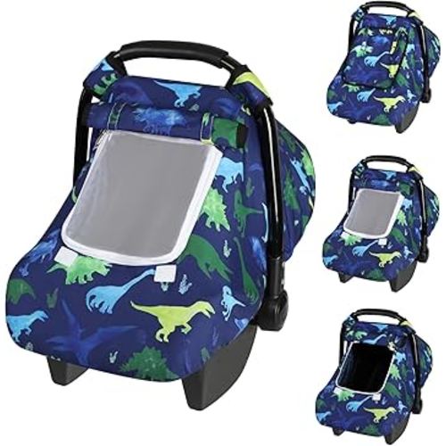Windproof Baby Car Seat Cover, 3D Mink Dot Infant Car Seat Canopy with Breathable Mesh Window, Baby Carrier Cover for All Seasons, Easy Access Carseat Carrie Snug Fit Stroller, (Dinosaur)