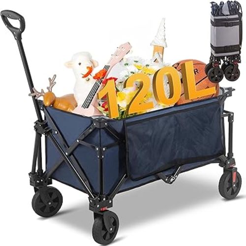 220LBS Collapsible Folding Wagon - Heavy Duty Garden Cart with All Terrain Wheels, Portable Shopping Wagon for Outdoor, Camping & Gardening