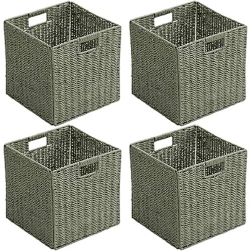 Handwoven Paper Woven Cube Basket Organizer with Handles set of 4 Foldable Storage baskets for Bedroom Living Room Cubby Storage Units for Clothes Books Toys (Green, 13" L x 13" W x 13" H)
