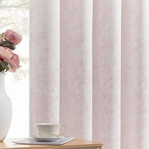 Beauoop Pink Floral Jacquard Blackout Curtains for Bedroom 52x72 2 Panels