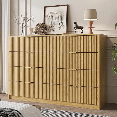 MAISONARIA 55" Wide Fluted 8-Drawer Double Dresser for Bedroom, Natural