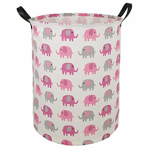 Round Pink Elephant PatternLaundry Hamper Storage Basket Fabric Material Storage Hamper Organization Basket, Storage Bin, Gift Box with Handles for Room