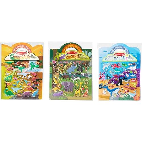 Melissa & Doug Reusable Puffy Sticker Wild Adventures Play Set 3-Pack (118 Stickers: Safari, Dinosaur, Ocean) - FSC Certified