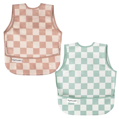 Tiny Twinkle Mess Proof Baby Bibs | 2 Pack Waterproof Toddler Bib for Eating | Baby Apron for Feeding, Machine Washable, Perfect Shower Gift (Beige,Sage Checkers, 624M)