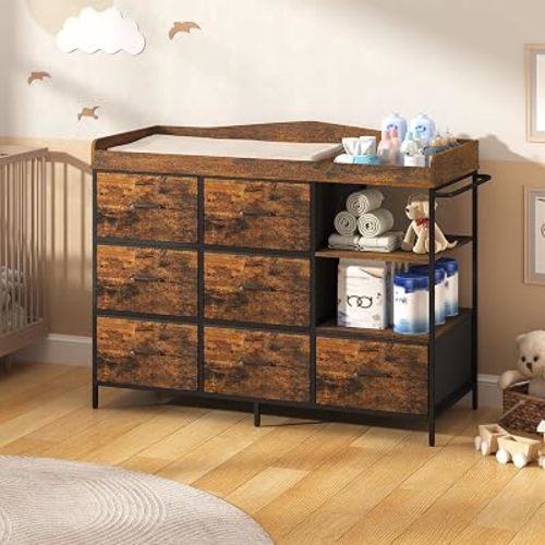 St.Mandyu Changing Table Dresser with 7 Fabric Drawers and 2 Shelves, Brown