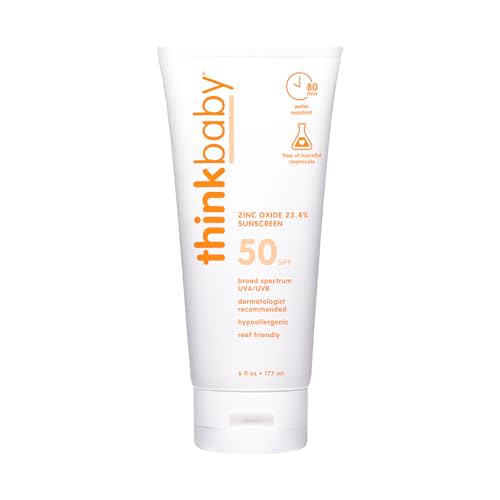 Thinkbaby SPF 50+ Baby Sunscreen, 6 Oz.  Safe, Natural Mineral Sun Cream for Babies - Water Resistant  Broad Spectrum UVA/UVB Sun Protection  Vegan Sunscreen for Kids