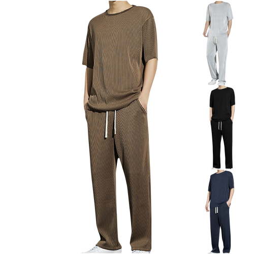 Jinhomg Men's Casual Set Stretchy Loose Ice Silk Set Short Sleeve T-shirt and Long Pants Tracksuit Two-piece Suit Soft Sleepwear
