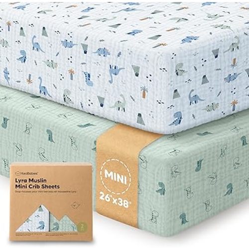 2-Pack Muslin Mini Crib Sheets for Boys, Girls - 38x26 Pack and Play Sheets Fitted,Organic Cotton,Compatible with Graco Pack N Play Mattress,Neutral Toddler Playard Bedding,Soft Breathable (Dino Park)