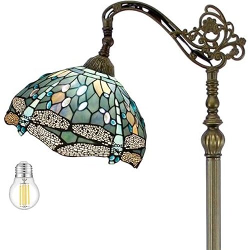 WERFACTORY Tiffany Style Reading Floor Lamp Sea Blue Stained Glass with Crystal Bead Dragonfly Lampshade in 64 Inch Tall Antique Arched Base for Bedroom Living Room Lighting S147
