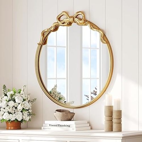PERHOM Gold Bow Round Mirror 24"x24" – Perfect Decorative Accent for Nursery and Elegant Baby Room Decor Mirror