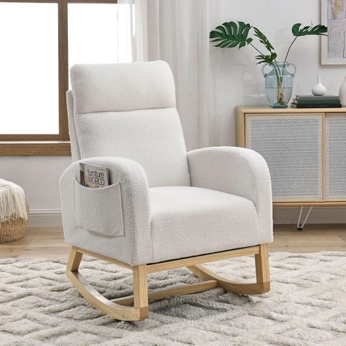 Nursery Rocking Chair Teddy Modern Upholstered Glider Rocker Rocking Accent Chairs with Two Side Pocket & High Backrest Comfy Reading Chair for Living Room Bedroom Offices (Grey)
