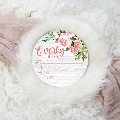 Girl Birth Stat Sign, Pink Rose Floral Birth Stat Sign, Round Wood Birth Stat Sign, Personalized Birth Stat Sign, Newborn Gift F115