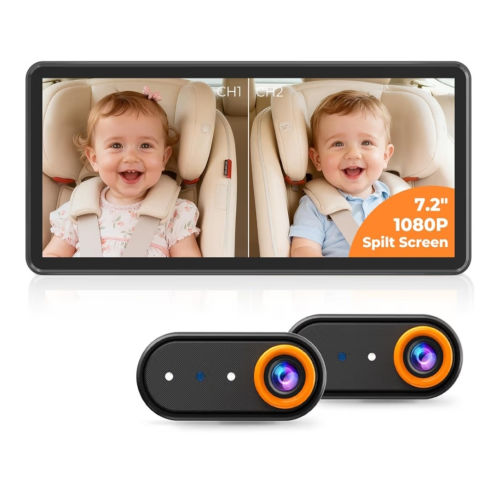 LUCKVIEW BM5PRO 7.2" 1080P HD Baby Car Camera for 2 Kids, Split Screen with IR Night Vision, Easy to Install & Adjust Brightness, Dual Car Camera Baby Monitor for Rear Seat Safety