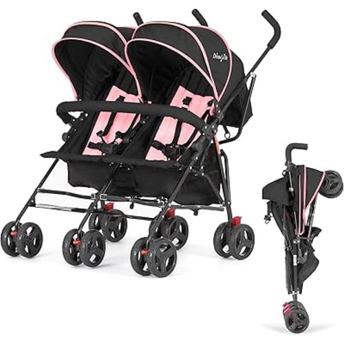 Dream On Me Volgo Twin Baby Stroller, Compact Side-by-Side Double Umbrella Stroller, 5-Point Safety Harness, Adjustable Canopy, Storage Basket & Travel-Friendly Fold, Pink