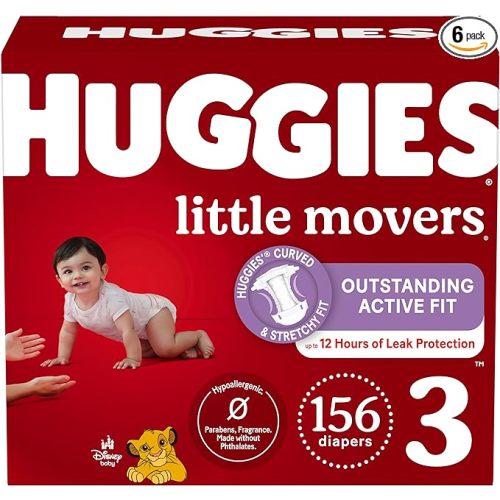 Huggies Size 3 Diapers, Little Movers Baby Diapers, Size 3 (16-28 lbs), 156 Count (6 packs of 26), Packaging May Vary