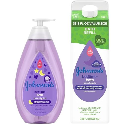 Johnson's Baby Soothing Bedtime Bath Starter Kit, Nighttime Lavendar Baby Bath, 27.01 fl Oz, and Bedtime Bath Value Size Refill Pack 33.8 fl. Oz