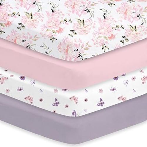 Little Grape Land Crib Sheets Girl 4 Pack, Baby Crib Sheets for Standard Crib & Toddler Mattress, Super Soft Breathable Crib Sheet Set for Girls (Floral & Butterfly)
