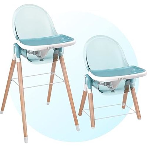 6 in 1 Deluxe Wooden High Chair for Babies & Toddlers, Modern Safe & Compact Baby Highchair, Easy to Clean & Assemble, Removable Tray, 6 Options 3 Seat Positions 2 Heights (Blue)