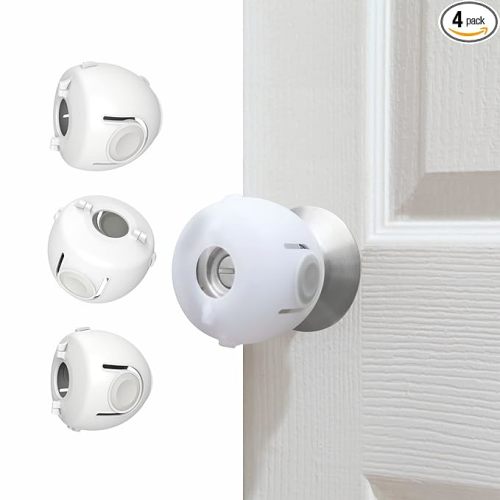 Child Proof Door Knob Covers, 4-Pack, White - Baby Safety Door Knob Covers for Toddlers, Snap-in Design for Easy Install, Durable & Non Toxic, Fits Standard Round Knobs